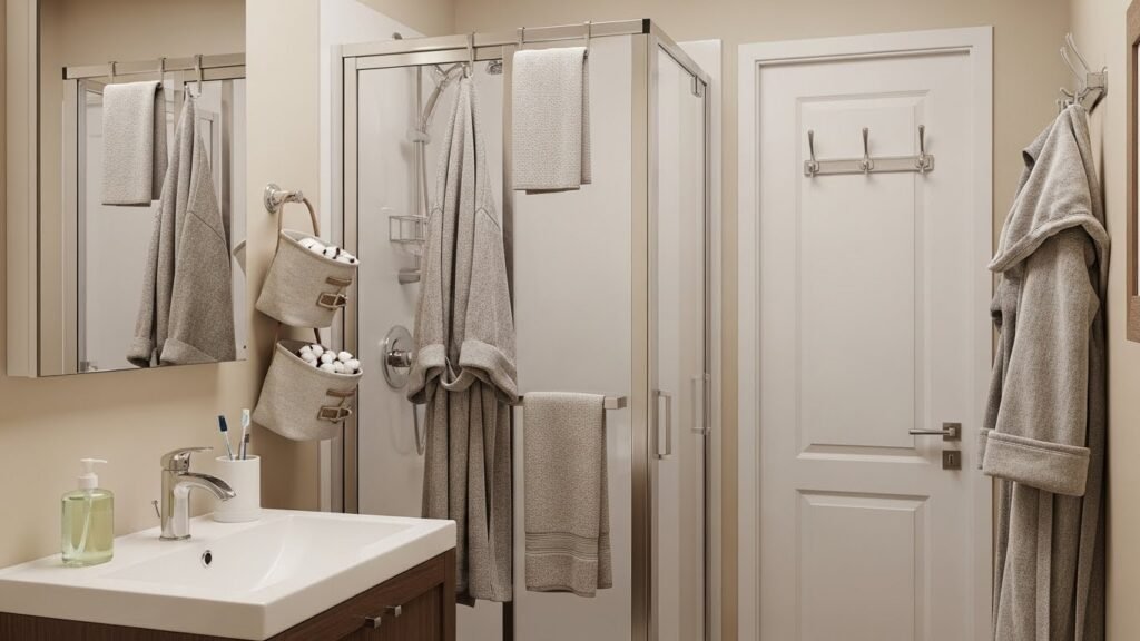 Interior of a small 3x5 foot bathroom showcasing smart space-saving solutions using doors. Include a towel rack and hooks on the back of the shower door holding towels and robes. Add hanging fabric baskets with cotton balls and toiletries near the vanity. Show wall hooks beside the door holding robes. Bright, modern, and practical design, realistic lighting, tidy and organized small bathroom, warm and cozy ambiance, minimalist style, high detail.